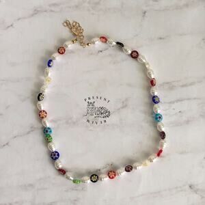 Boho Beaded Necklace Floral Design Colorful Round Beads Statement Piece